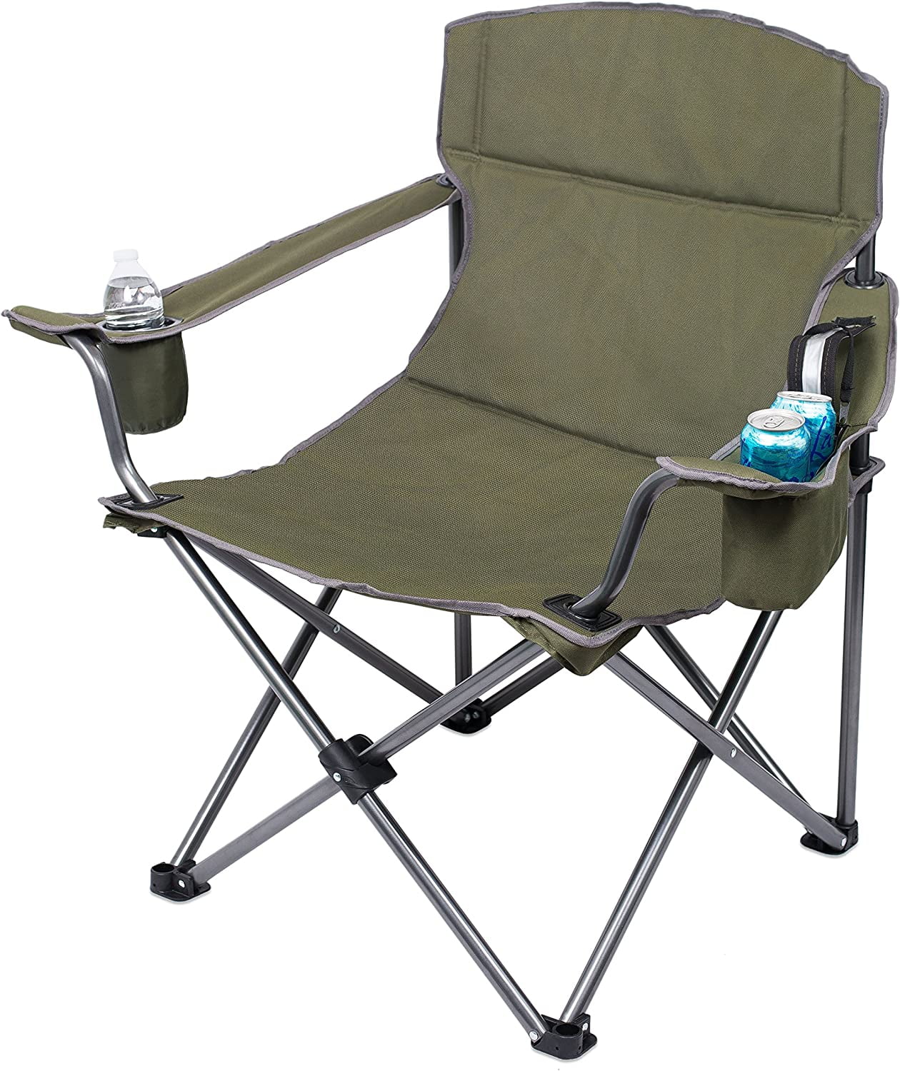 Internet's Best XL Padded Camping Folding Chair - Cooler Bag - Outdoor - Green - Sports - Insulated Cup Holder - Heavy Duty - Carrying Case - Beach - Extra Wide - Quad