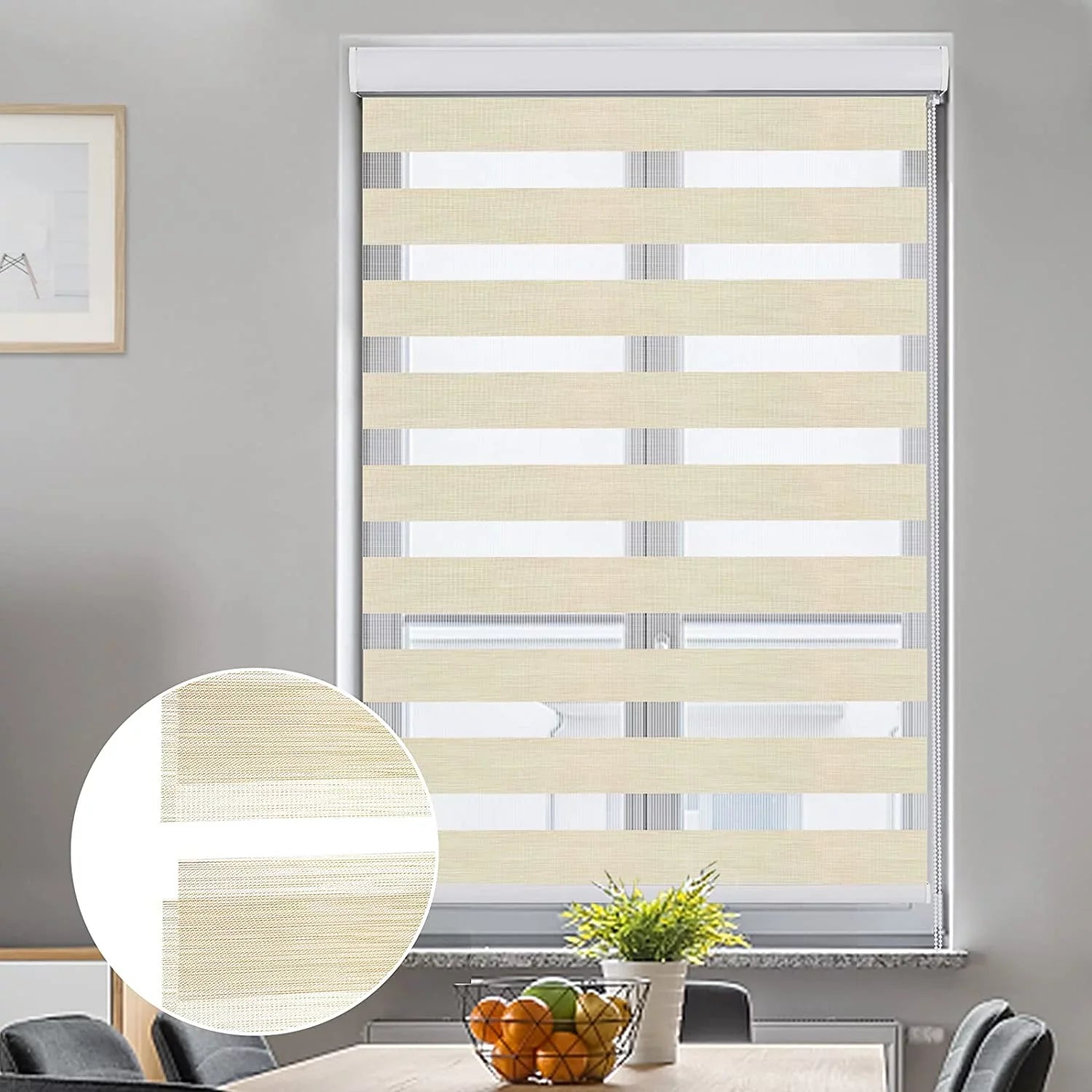 LUCKUP Zebra Blinds for Windows, Dual Layer Roller Sheer Shades Blinds for Day and Night, Light Control Window Treatments Shades with Valance Protection 29" W x 72" L, Striped Beige