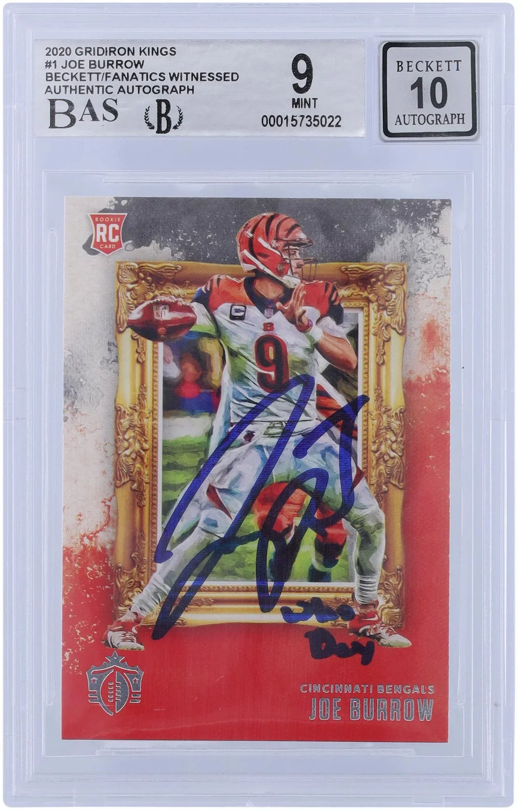 Joe Burrow Cincinnati Bengals Autographed 2020 Panini Gridiron Kings #GK-1 Beckett Fanatics Witnessed Authenticated 9/10 Rookie Card with "WHO DEY" Inscription - Fanatics Authentic Certified