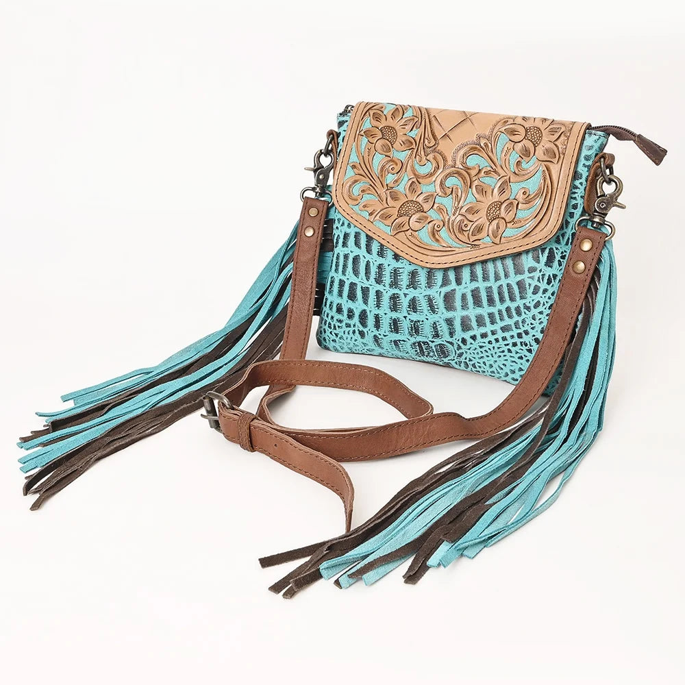 KB OHLAY MESSENGER Hand Tooled Crocodile Embossed Genuine Leather women bag western handbag purse