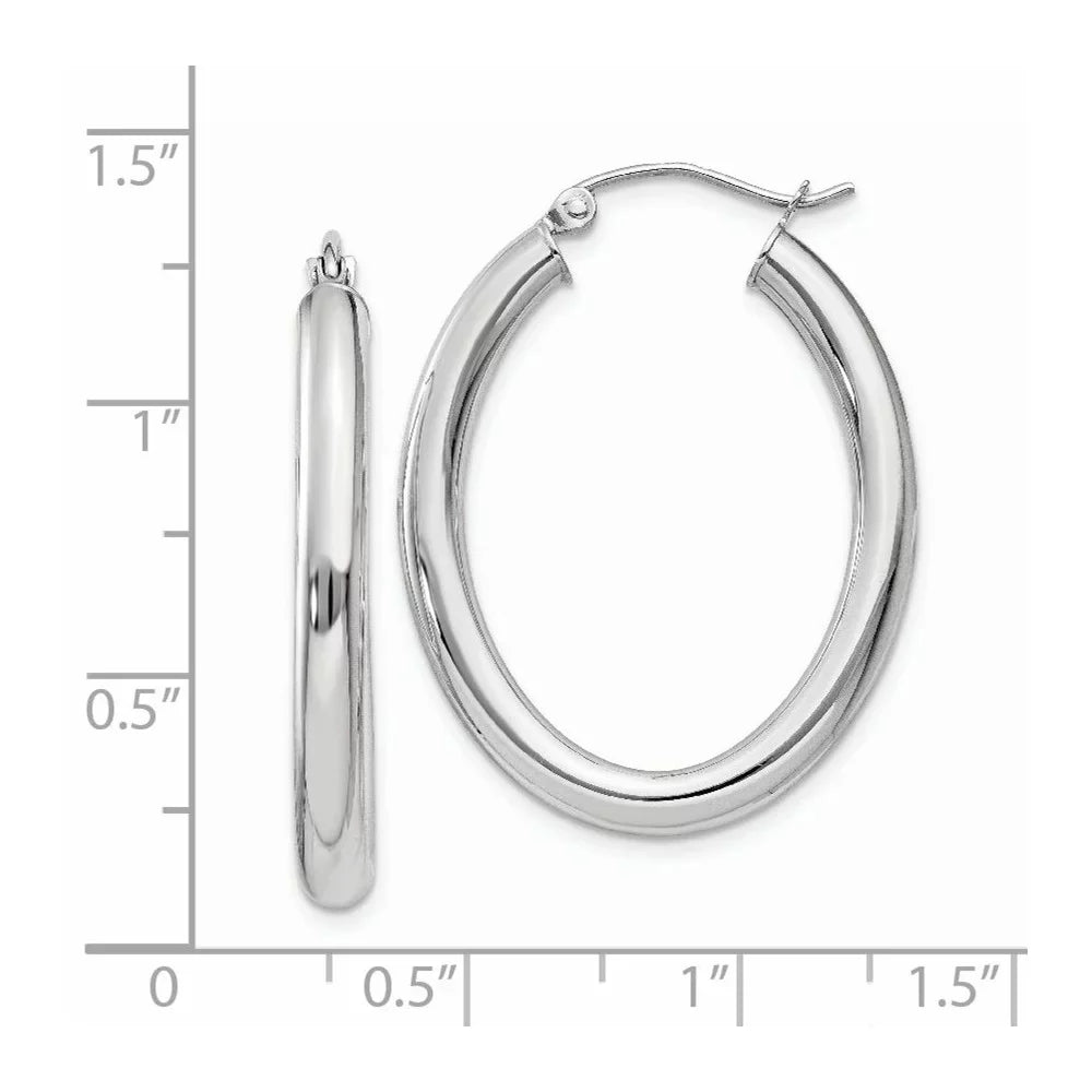 Real 14kt White Gold Polished 3.5mm Oval Tube Hoop Earrings; for Adults and Teens; for Women and Men