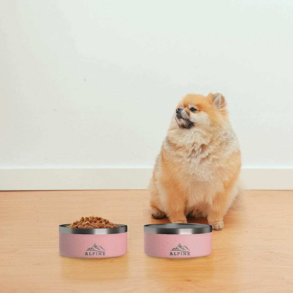 ALPINE Set of 2 Stainless Steel Dog Bowls, Non Slip, Metal Pet Bowl for Food and Water, Double Walled Insulated, Rustproof, Dishwasher Safe (32 oz, Pink)
