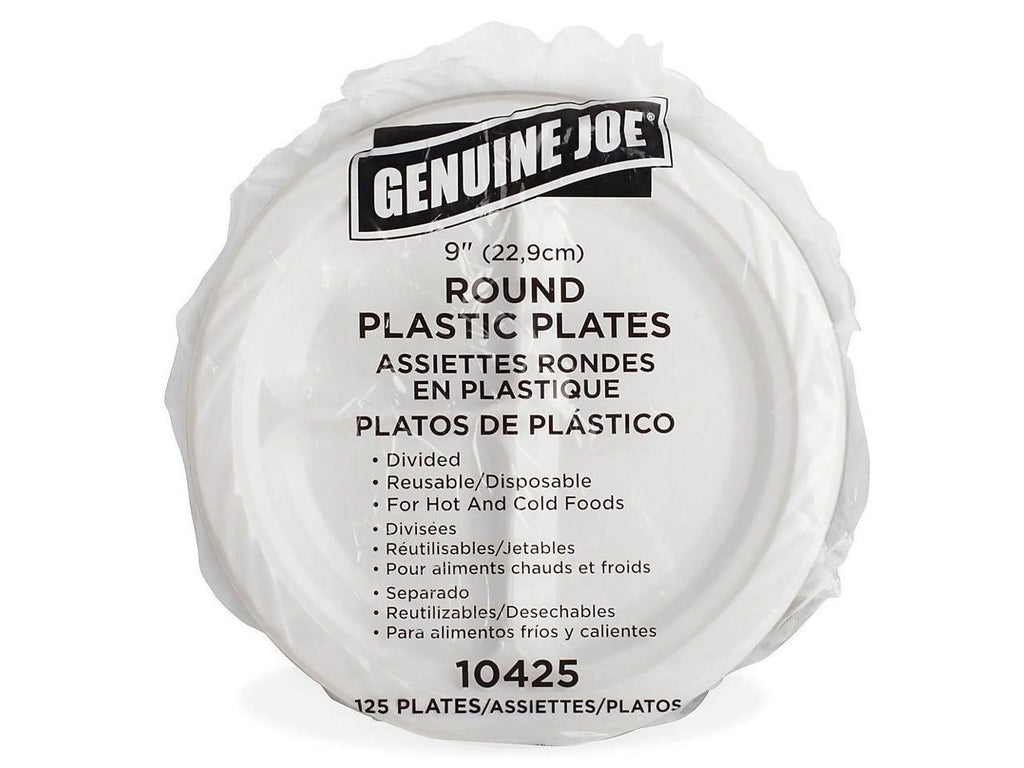 Genuine Joe 3-section Round Plastic Plates, 9", 125 Pack, GJO10425