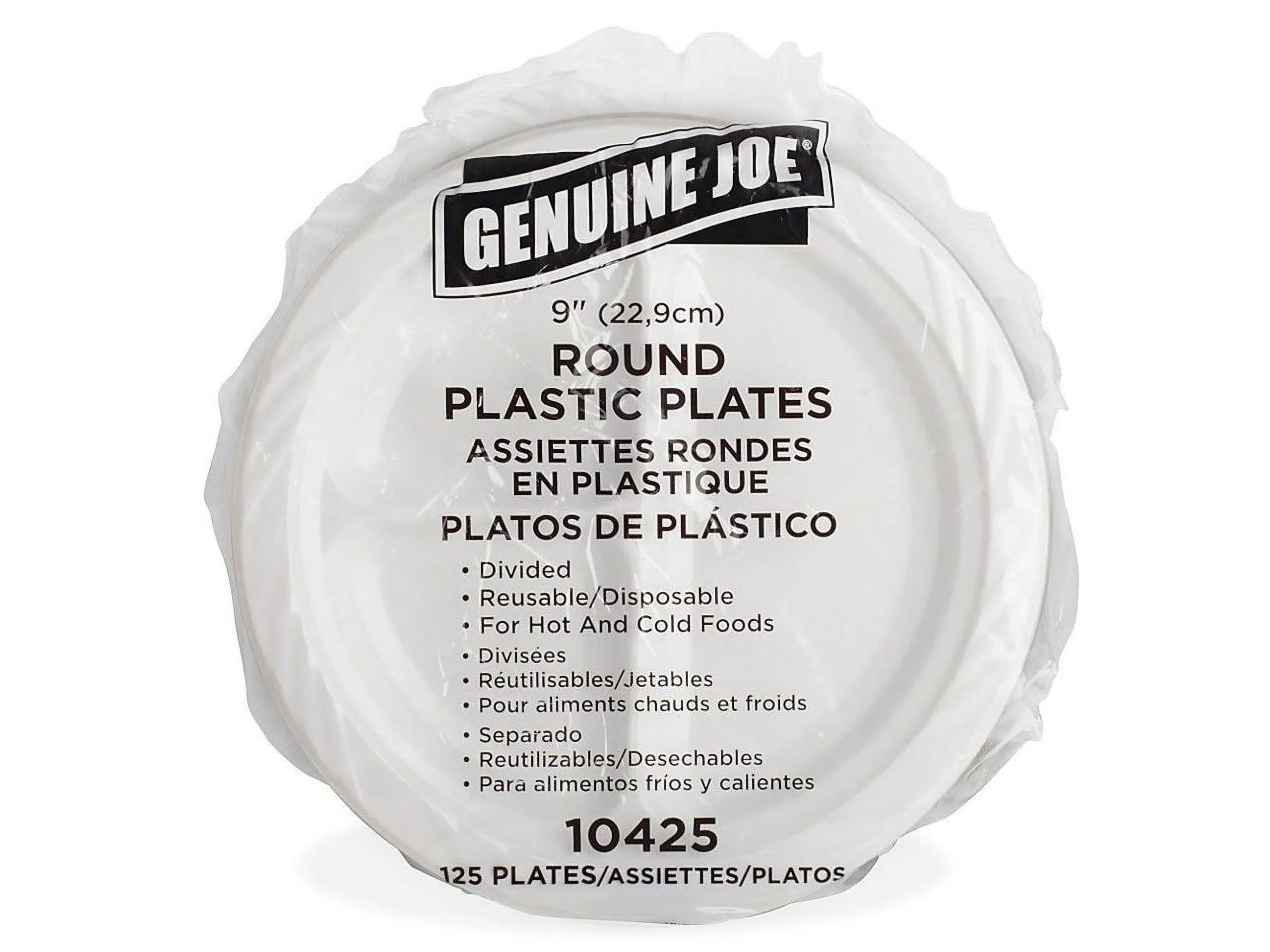 Genuine Joe 3-section Round Plastic Plates, 9", 125 Pack, GJO10425