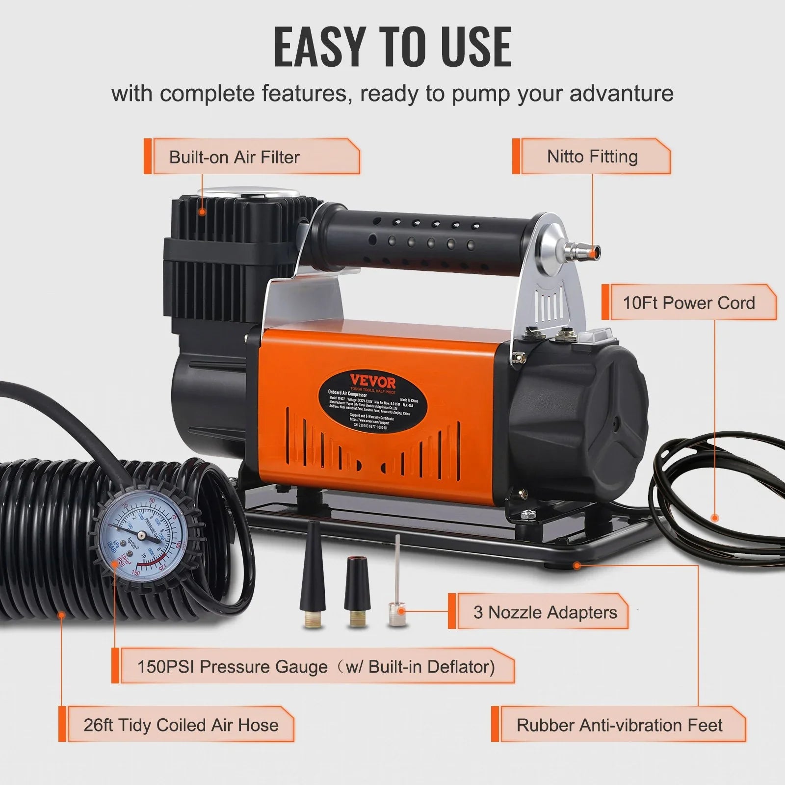 VEVOR On-Board 12V Air Compressor, High Performance Universal, 150PSI 6CFM