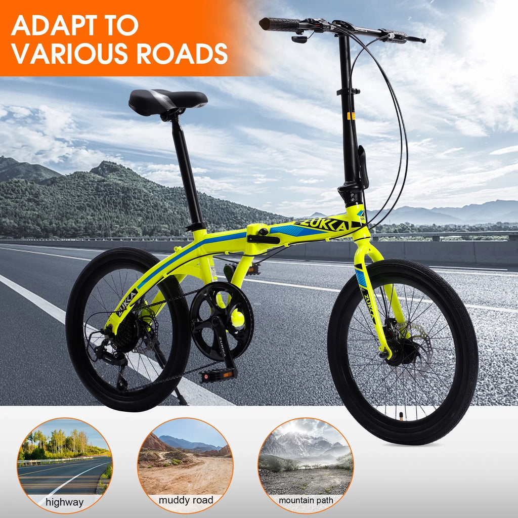 20" Folding Bike, 8 Speed City Bike, Aluminium Alloy Frame, Yellow