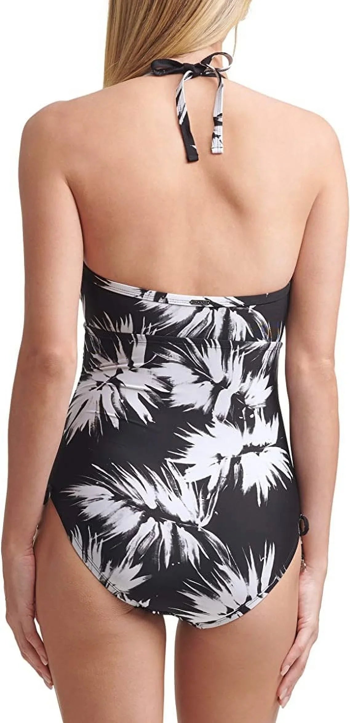 DKNY BLACK WHITE Leaf Print Halterneck One-Piece Swimsuit, US 4