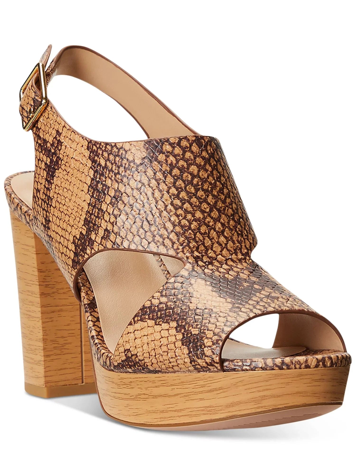 LAUREN RALPH LAUREN Womens Beige Snake 1" Platform Cut Out Feona Round Toe Block Heel Fastener Leather Dress Slingback Sandal 8.5