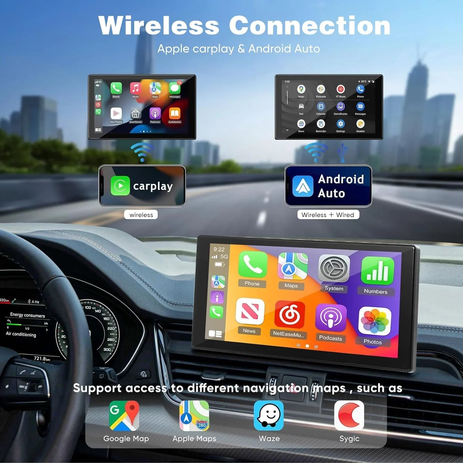 THONZER Portable Wireless Carplay Car Stereo with 2.5K Dash Cam - 9" HD IPS Screen, Android Auto, 1080p Backup Camera, Loop Recording, Bluetooth, GPS Navigation Head Unit, Car Radio Receiver