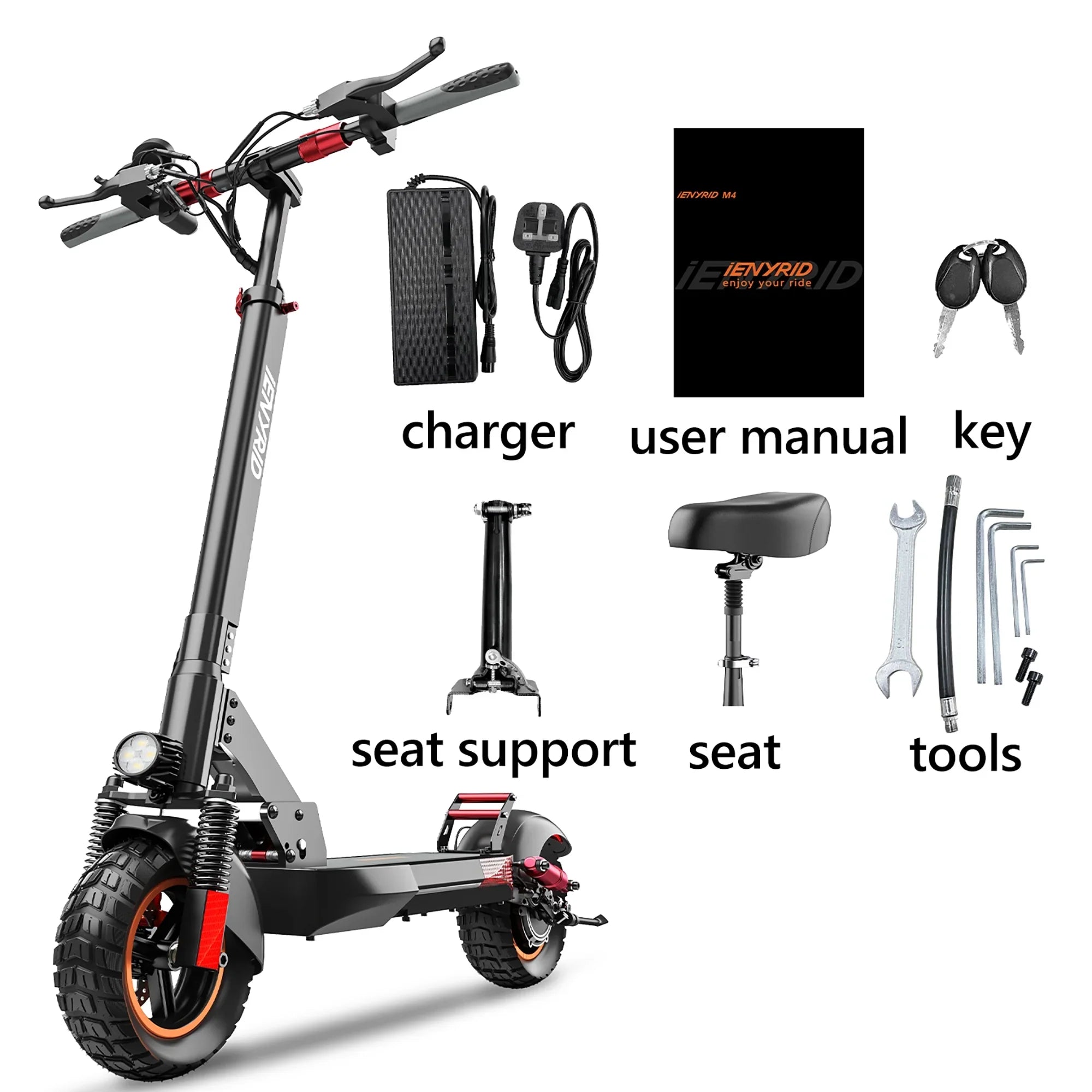 iENYRID Commuter E-Scooter Adult Electric Scooter with Seat, Folding Adult Electric Skateboard up to 330lbs and 28 Miles Long Range, 10 inch Off Road Tires 600W(Peak 800W)