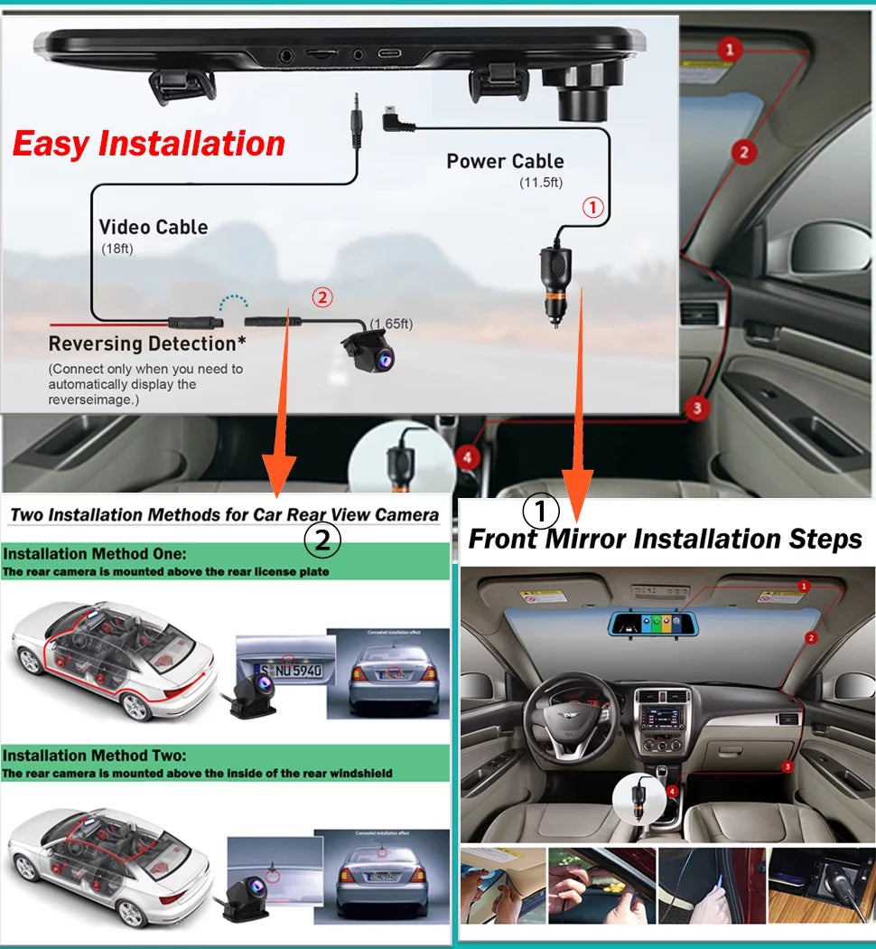 Erago Rear View Mirror Camera Kit:Rear view mirror dash cam Front and Rear FHD 1080P for Car with 10" Full Touch Screen, Waterproof Backup WDR Camera, Night Vision, G-Sensor, Parking Moniter
