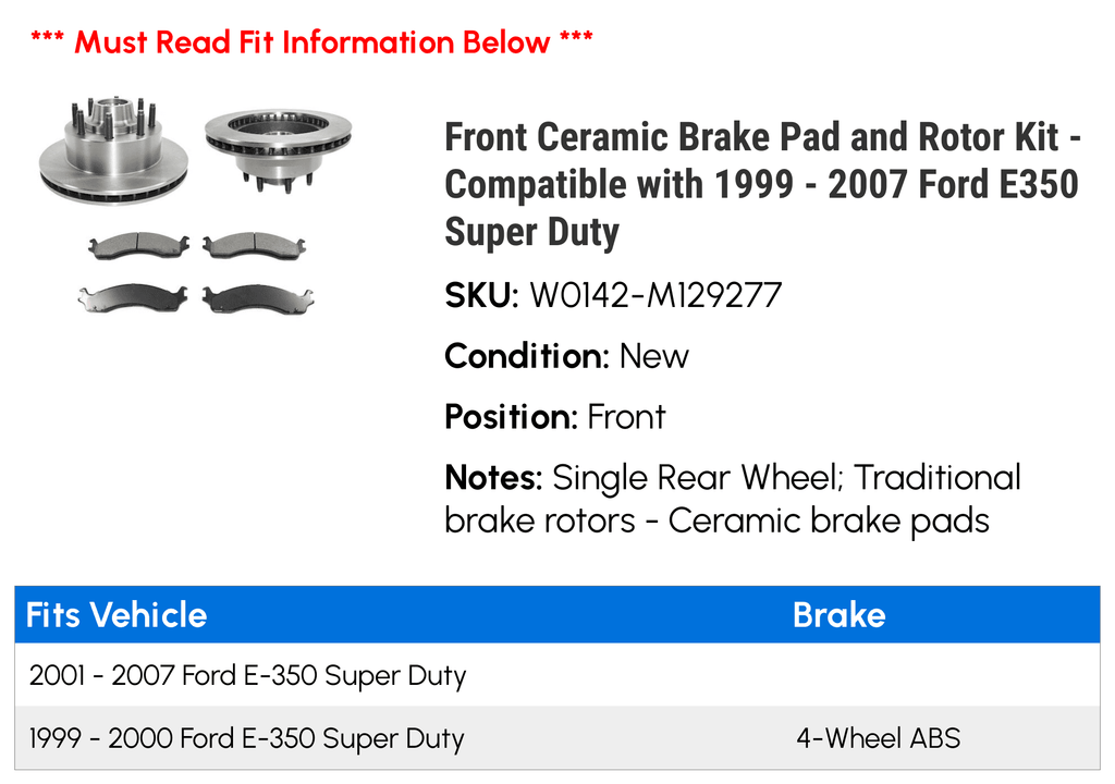 Front Ceramic Brake Pad and Rotor Kit - Suitable with 1999 - 2007 Ford E350 Super Duty 2000 2001 2002 2003 2004 2005 2006