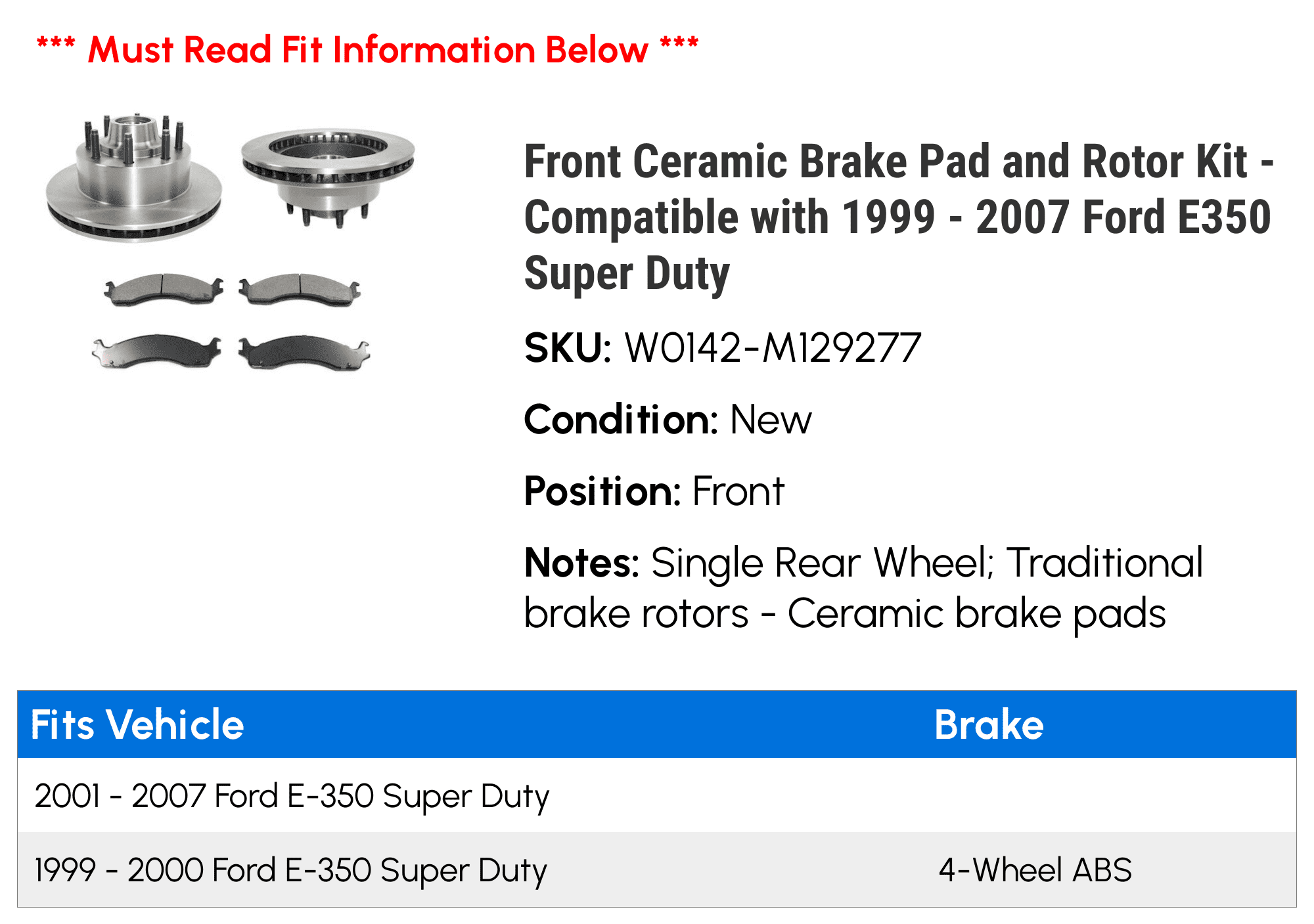 Front Ceramic Brake Pad and Rotor Kit - Suitable with 1999 - 2007 Ford E350 Super Duty 2000 2001 2002 2003 2004 2005 2006