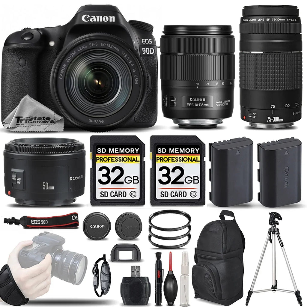 Canon EOS 90D Wi-Fi Full HD 4K30p Digital SLR Camera + Canon 18-135mm IS USM Lens + Canon 75-300mm III Lens + Canon 50mm 1.8 II Lens. All Original Accessories Included