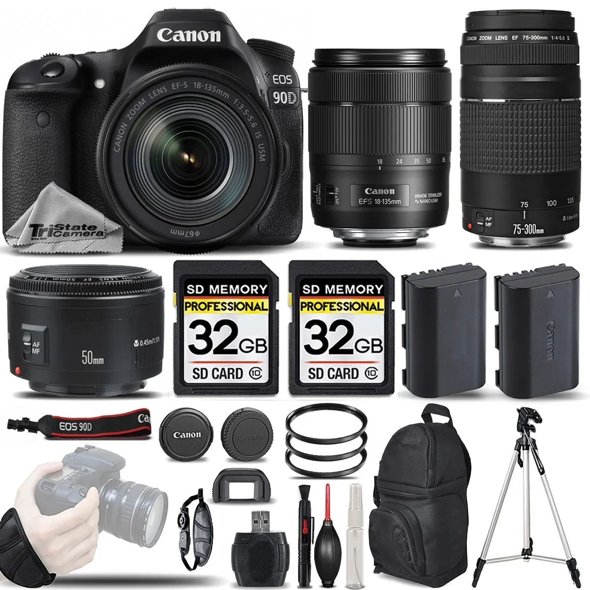 Canon EOS 90D Wi-Fi Full HD 4K30p Digital SLR Camera + Canon 18-135mm IS USM Lens + Canon 75-300mm III Lens + Canon 50mm 1.8 II Lens. All Original Accessories Included