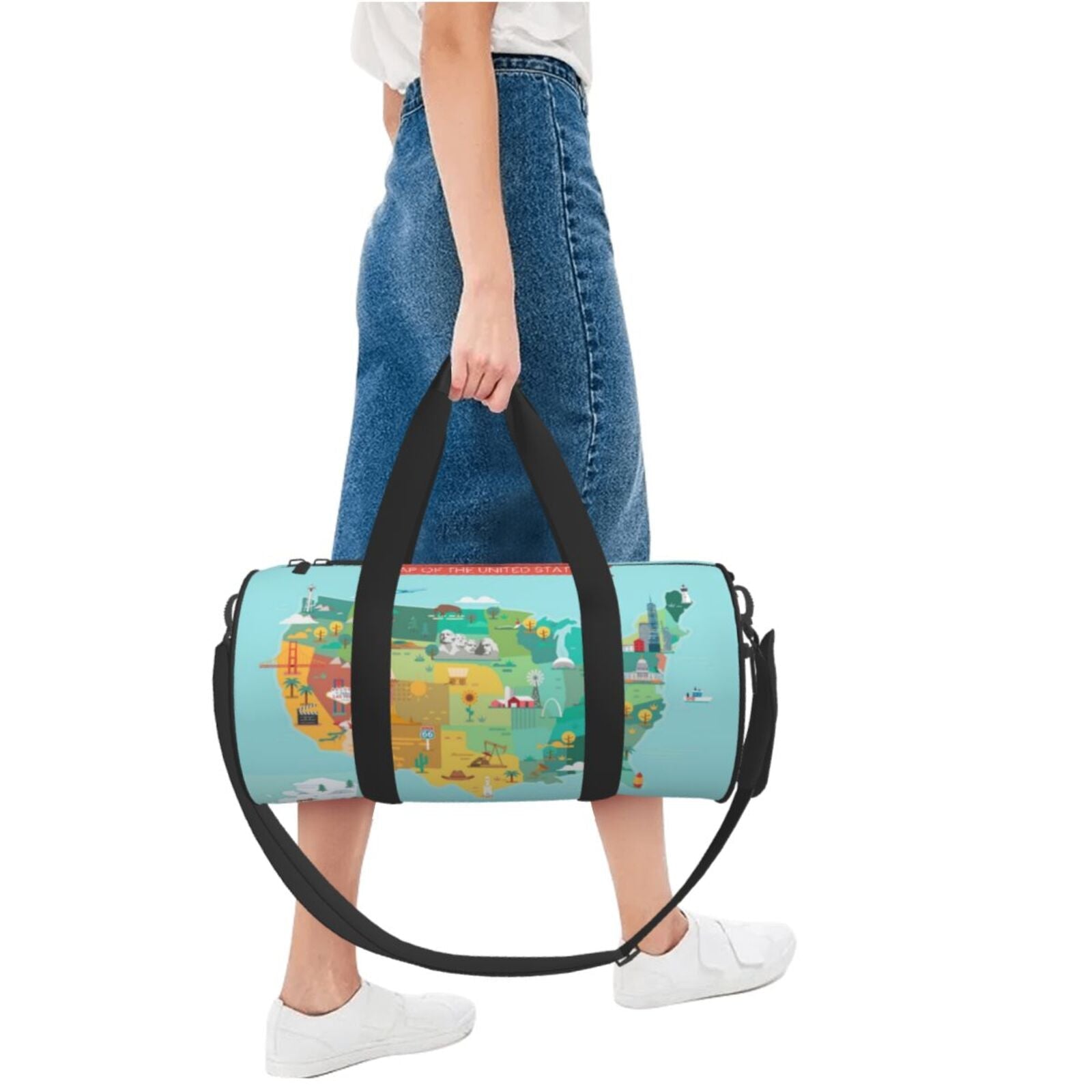 Coaee USA Tourist Map Large Capacity Travel Luggage Bag Cylinder Gym Bag Waterproof Sports Bag with Pocket and Compartment