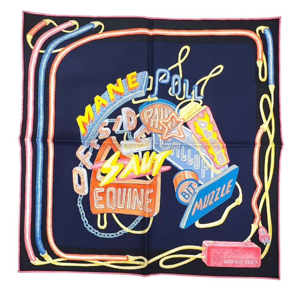 Pre-Owned Hermes HERMES Carre 45 Chevaloscope Neon Pointill 23SS Scarf Mini New Silk Ladies Marine Rose Jaune Horse (Like New)