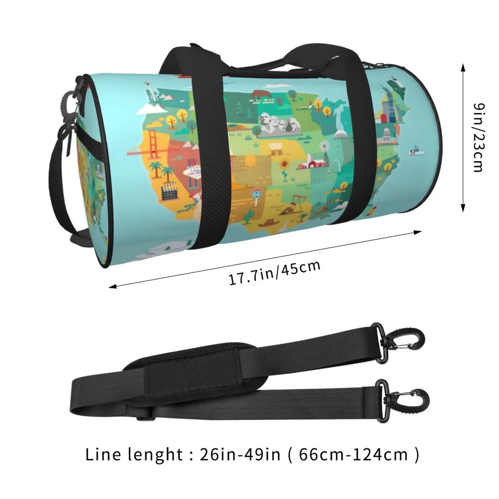 Coaee USA Tourist Map Large Capacity Travel Luggage Bag Cylinder Gym Bag Waterproof Sports Bag with Pocket and Compartment