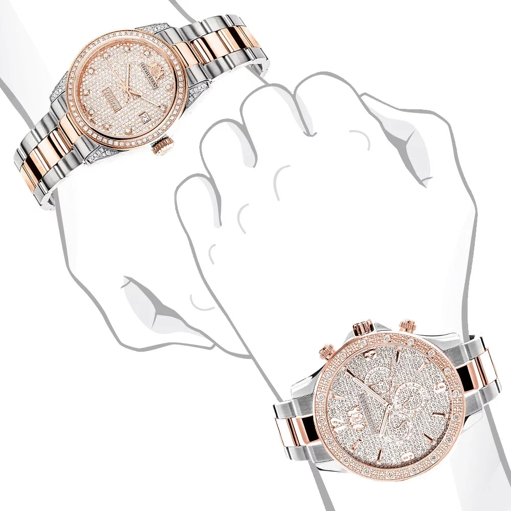 Matching His and Hers Watches: 18k White & Rose Gold Plated Diamond Watch Set Swiss Mvt 1.7ct