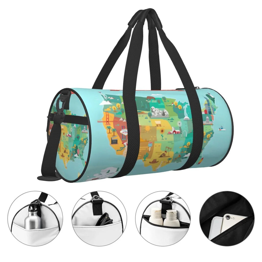 Coaee USA Tourist Map Large Capacity Travel Luggage Bag Cylinder Gym Bag Waterproof Sports Bag with Pocket and Compartment