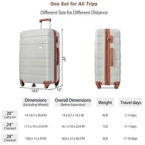 Luggage Sets New Model Expandable ABS Hardshell 3pcs Clearance Luggage Hardside Lightweight Strong Suitcase sets Spinner Wheels Suitcase with TSA Lock 20''24''28''( Light Grey and Brown)