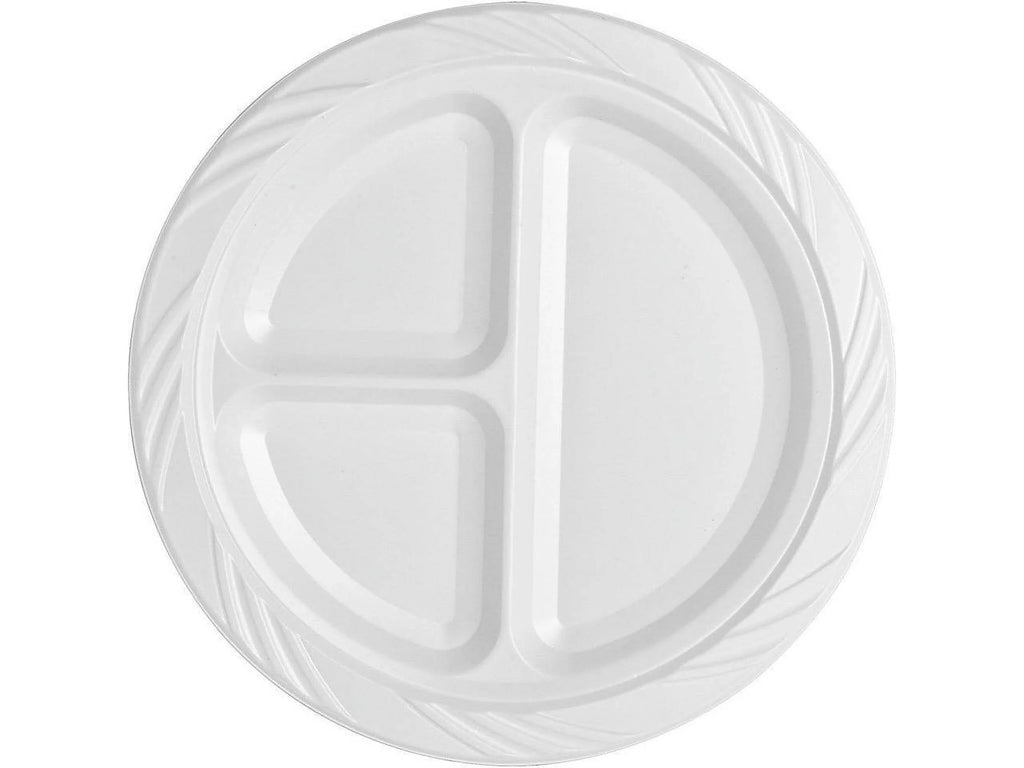 Genuine Joe 3-section Round Plastic Plates, 9", 125 Pack, GJO10425