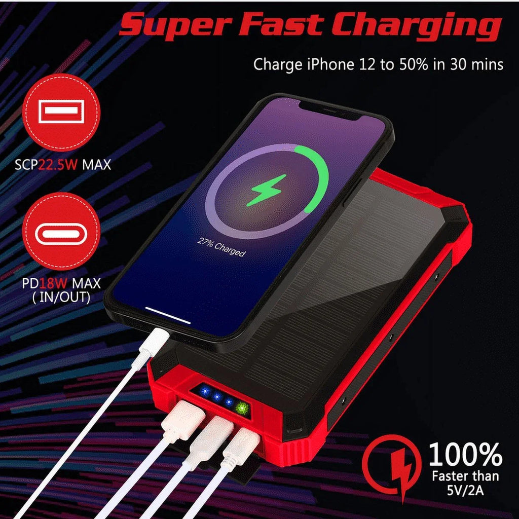 Solar Power Bank 20000mAh Built-in 4 Cables Qi Wireless Charger For Ulefone Armor 9 with LED Flashlight Solar Portable External Battery IPX4 Waterproof 15W 5V/3A USB C Port 6 Outputs 3 Inputs