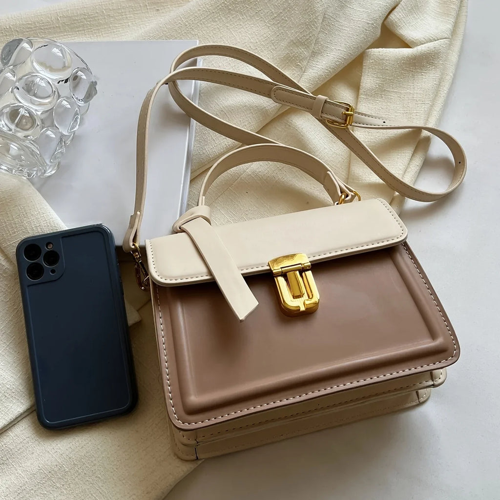 Junior Fastener Decor Handbag, Trendy Square Crossbody Bag, Faux Leather Flap Purse For Women (7.9*5.93*3.16) Inch