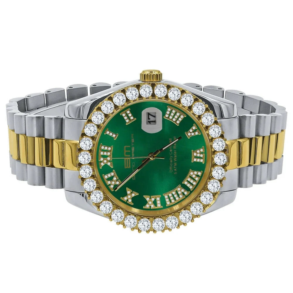 Mens Roman Numbers Face Green Dial Full Stainless Steel 18k 2 Tone Gold Diamond Watch 42mm