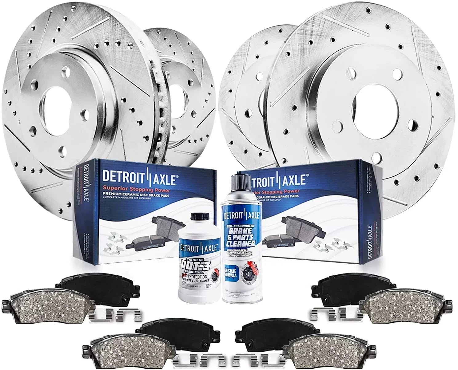 Detroit Axle - Brake Kit for Chrysler Town & Country Dodge Grand Caravan Journey Ram C/V Routan Drilled & Slotted Brake Rotors Ceramic Brakes Pads Replacement [11.98" Front & 12" Rear Rotors]