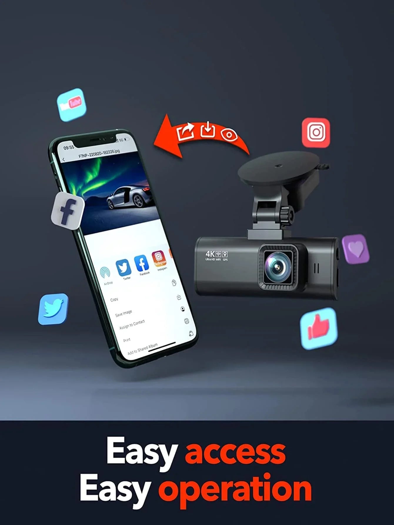 4K Dash Cam with Wi-Fi, GPS Front Camera, and Type-C Hardwire Kit