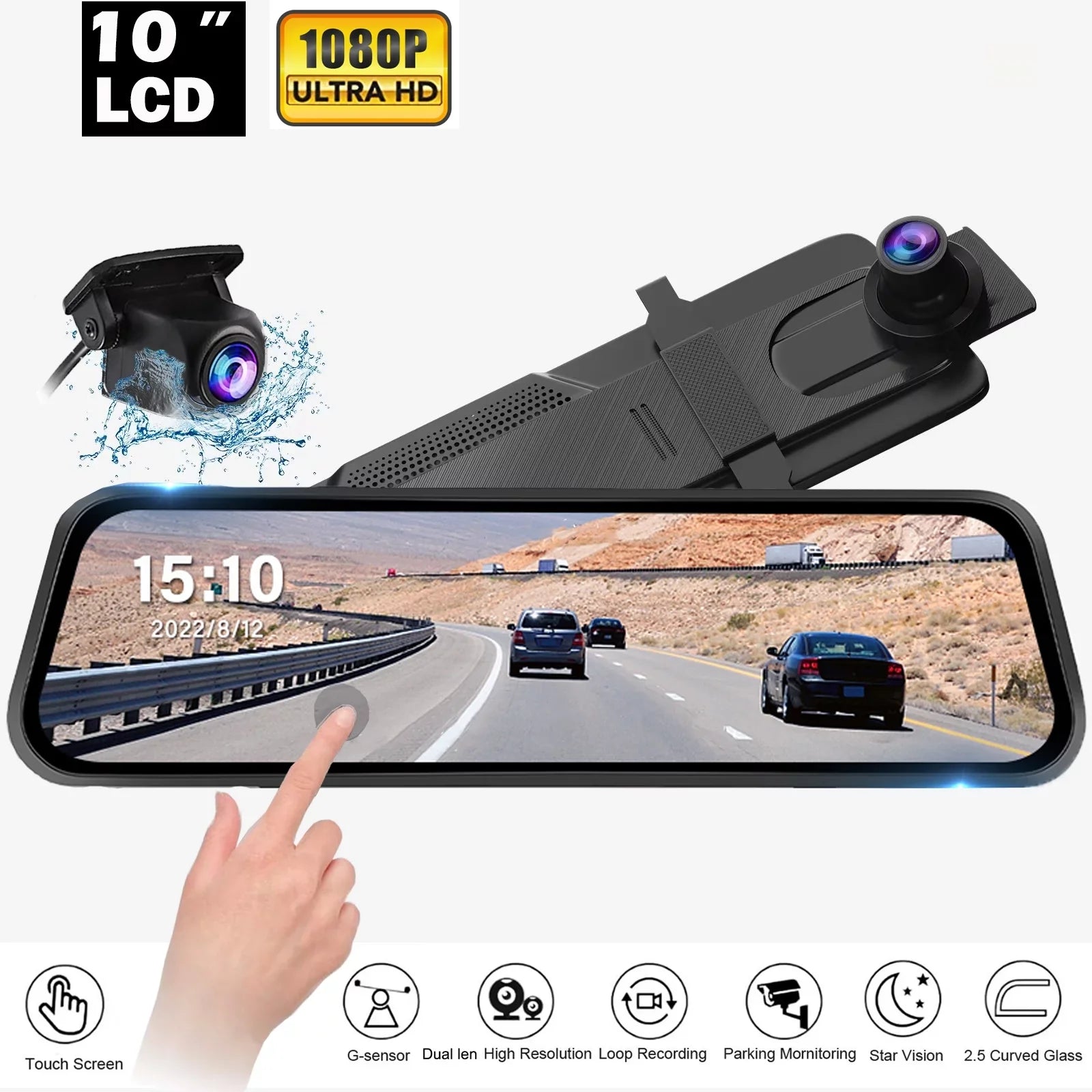 Erago Rear View Mirror Camera Kit:Rear view mirror dash cam Front and Rear FHD 1080P for Car with 10" Full Touch Screen, Waterproof Backup WDR Camera, Night Vision, G-Sensor, Parking Moniter