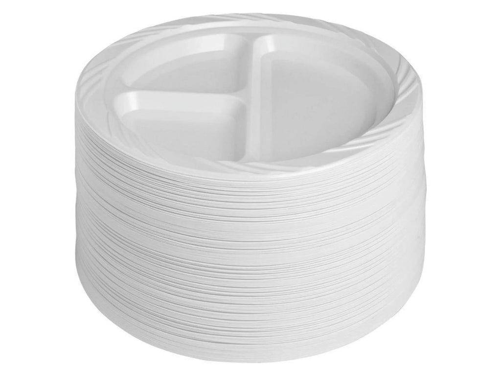 Genuine Joe 3-section Round Plastic Plates, 9", 125 Pack, GJO10425
