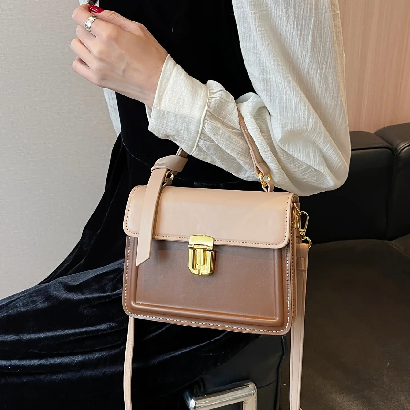 Junior Fastener Decor Handbag, Trendy Square Crossbody Bag, Faux Leather Flap Purse For Women (7.9*5.93*3.16) Inch