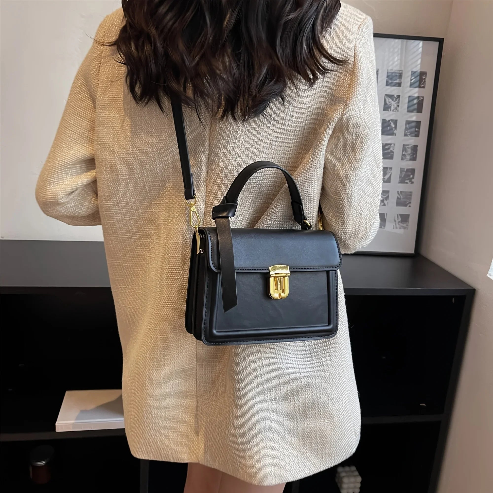 Junior Fastener Decor Handbag, Trendy Square Crossbody Bag, Faux Leather Flap Purse For Women (7.9*5.93*3.16) Inch