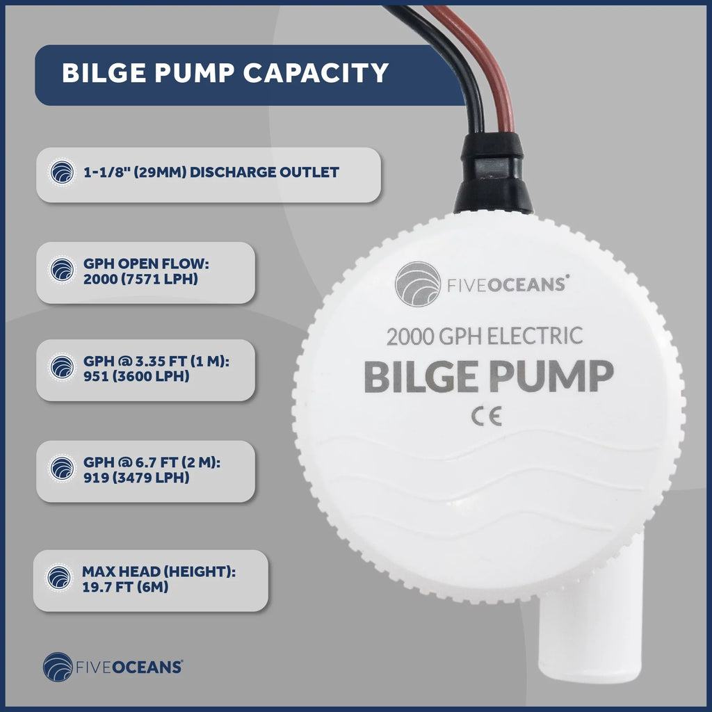 Five Oceans 2000 GPH / 7571 LPH Automatic Bilge Pump Kit, 12-Volts, 1-1/8-Inch (29mm) Inside Diameter Hose, with Heavy-Duty Float Switch - FO3616-C2