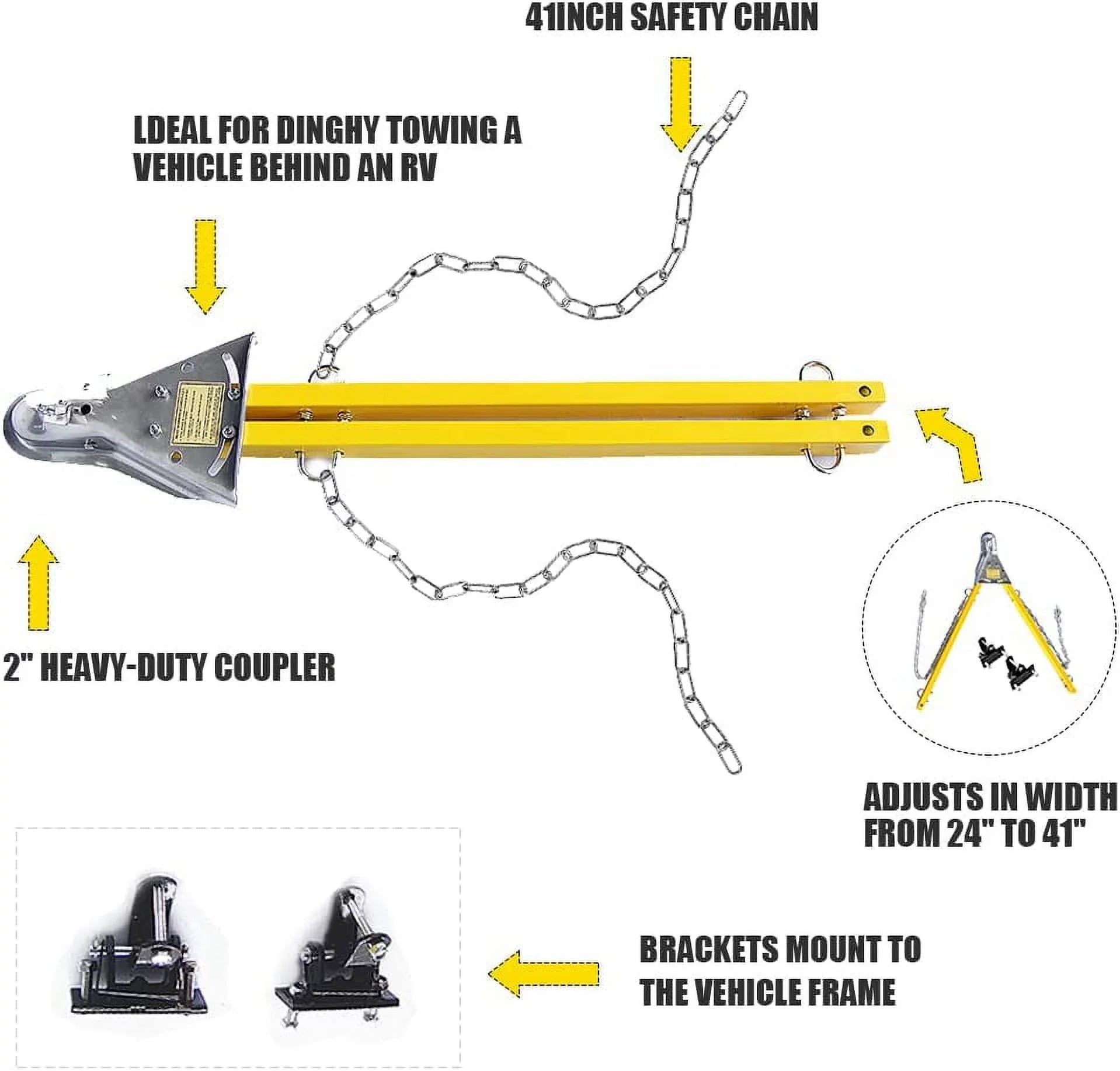 HPDAVV Yellow Adjustable Tow Towing Bar / Adjustable Tow Bar Kit Bumper Mount 5000lb w/Chains RV Car Truck Fitting with Jeep System
