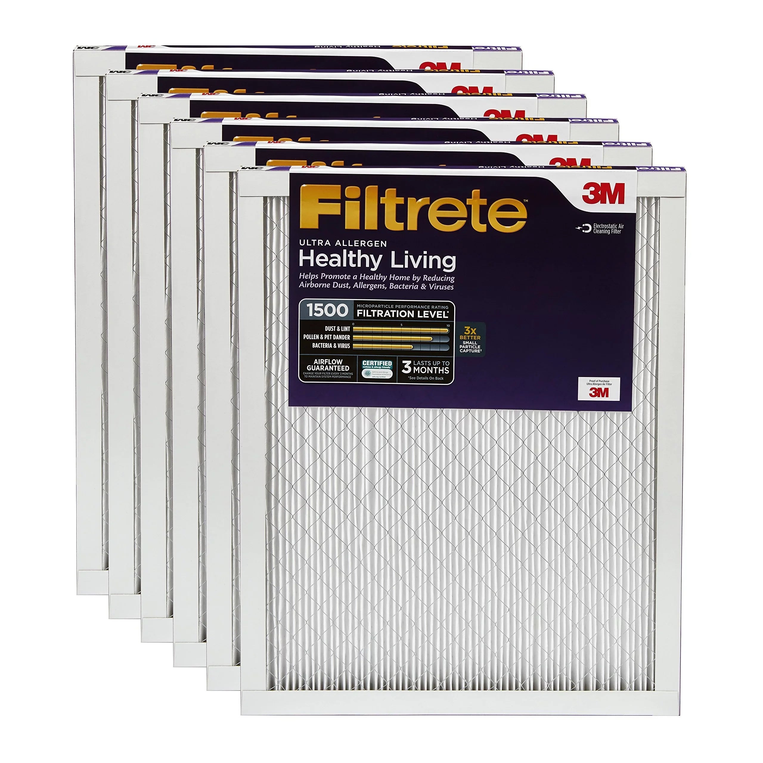 Filtrete MPR 1500 14 x 24 x 1 Healthy Living Ultra Allergen Reduction AC Furnace Air Filter, Delivers Cleaner Air Throughout Your Home, 6-Pack