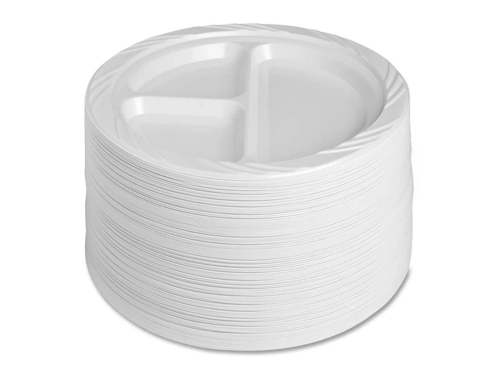 Genuine Joe 3-section Round Plastic Plates, 9", 125 Pack, GJO10425