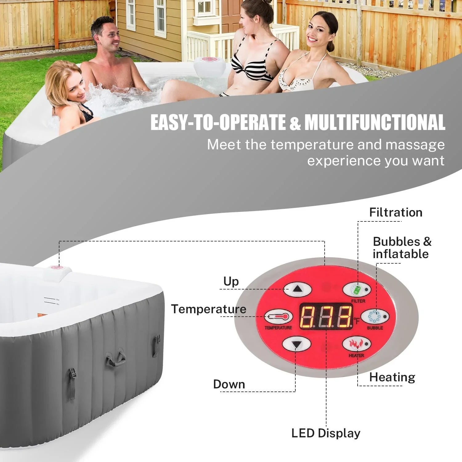 73''Inflatable Hot Tub, Outdoor Hot Tub for 6 Person Indoor Home Spa with Hidden Machine, 130 Massage Jets, Lockable Shield Storage Bag, Mat, Max 104℉, 910L Capacity