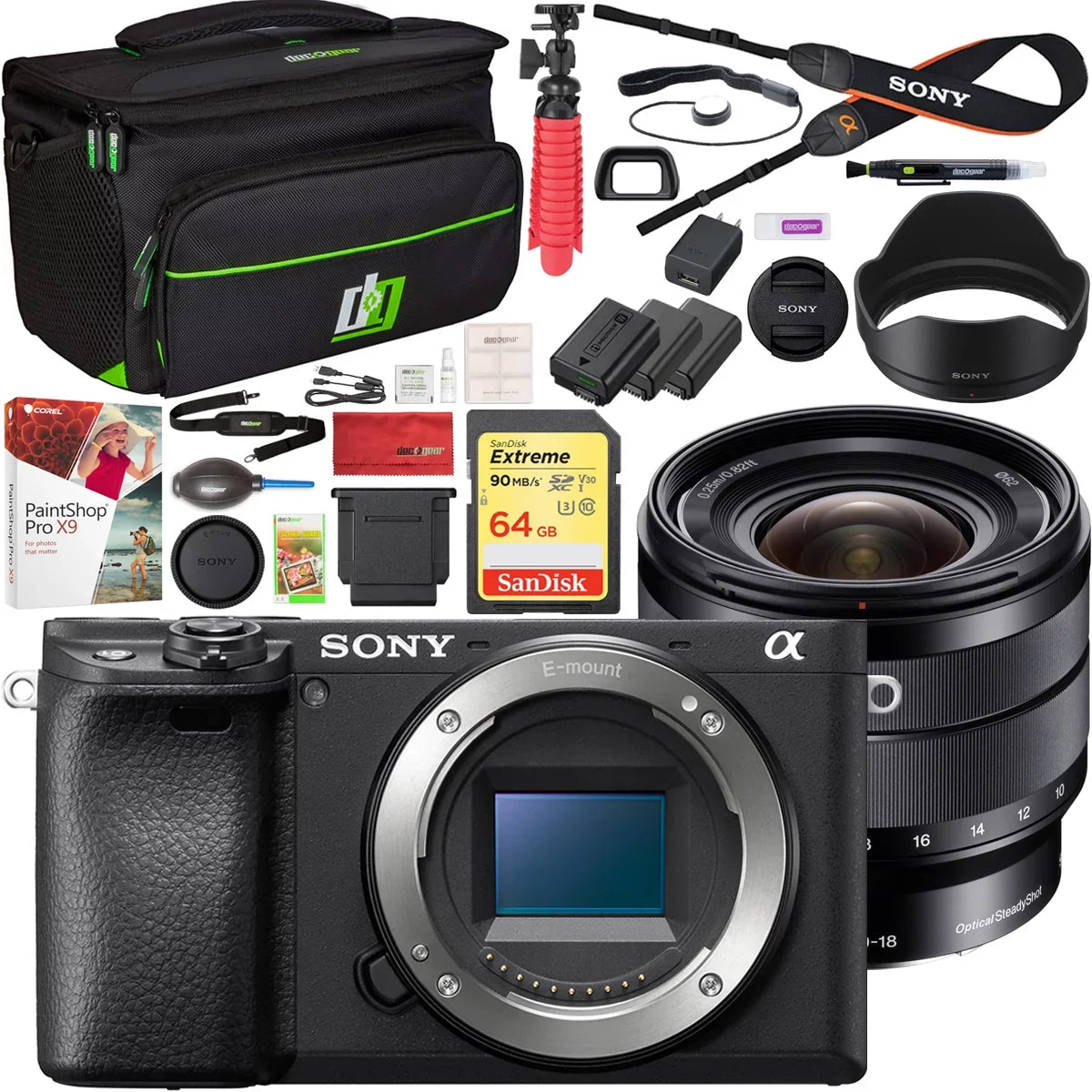 Sony ILCE-6400 a6400 Mirrorless APS-C Interchangeable-Lens Camera Body Bundle with 10-18mm f/4 Wide-Angle Zoom E-Mount Lens, 64GB Memory Card, Camera Bag, Camera Battery and Paintshop Pro 2018