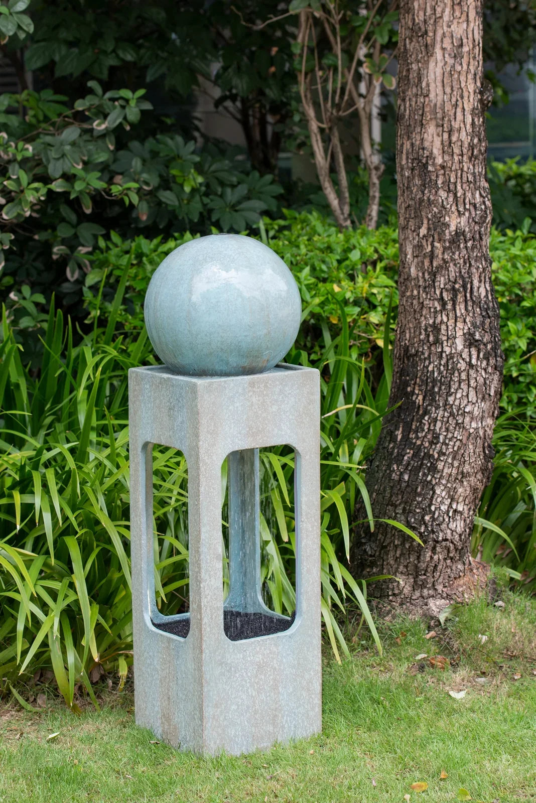 Homiyad 13X13X44" Tall Contemporary Sphere Outdoor Water Fountain, Cement/Concrete Outdoor Fountain, Antique Blue Raindrop Water Feature with Light for Garden, Lawn, Deck & Patio