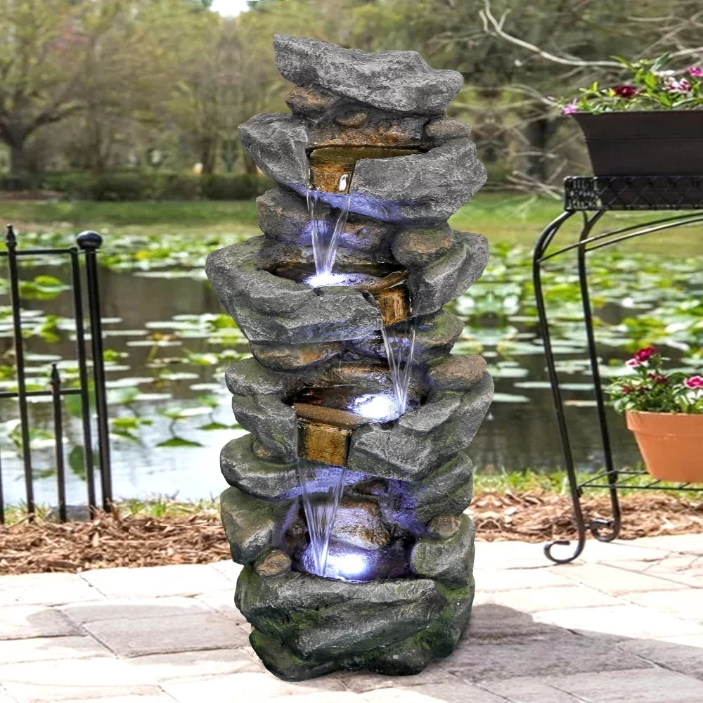 Kmowoo 40inches High Stacked Simulated Rock Water Fountain with LED Lights
