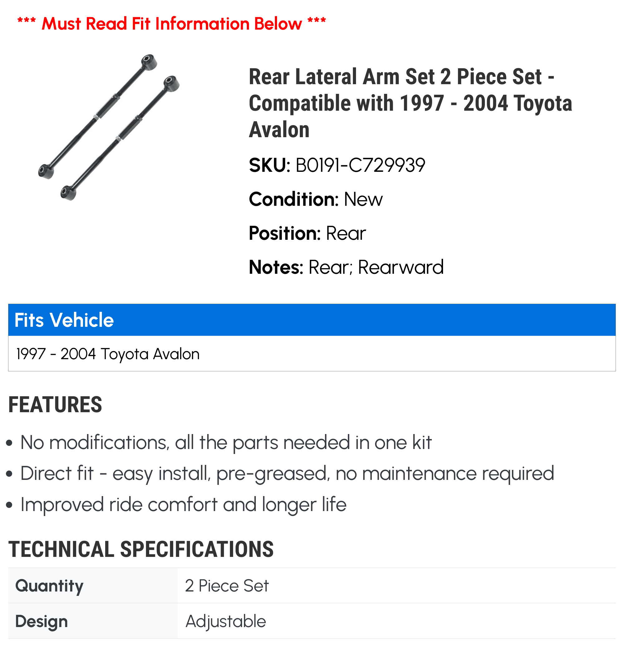 Rear Lateral Arm Set 2 Piece Set - Suitable with 1997 - 2004 Toyota Avalon 1998 1999 2000 2001 2002 2003