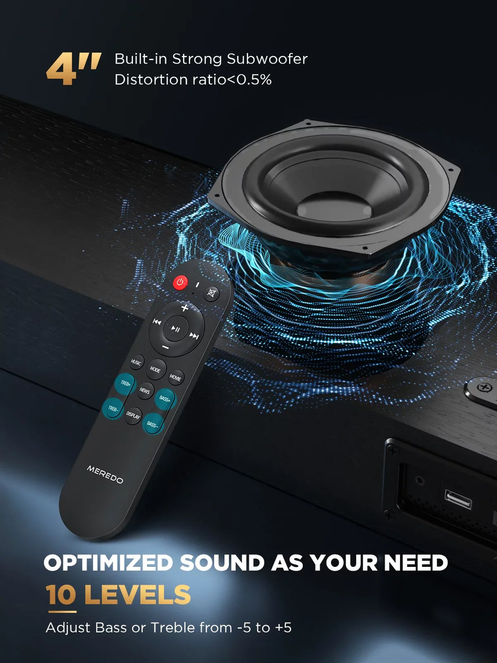 Sound Bar 28Inch Meredo Sound Bar for TV Built-in Subwoofer Wooden 150W Includes HDMI Cable Bass/Treble Adjustable 5 EQ Modes HDMI Arc/Optical/Aux/Bluetooth/USB