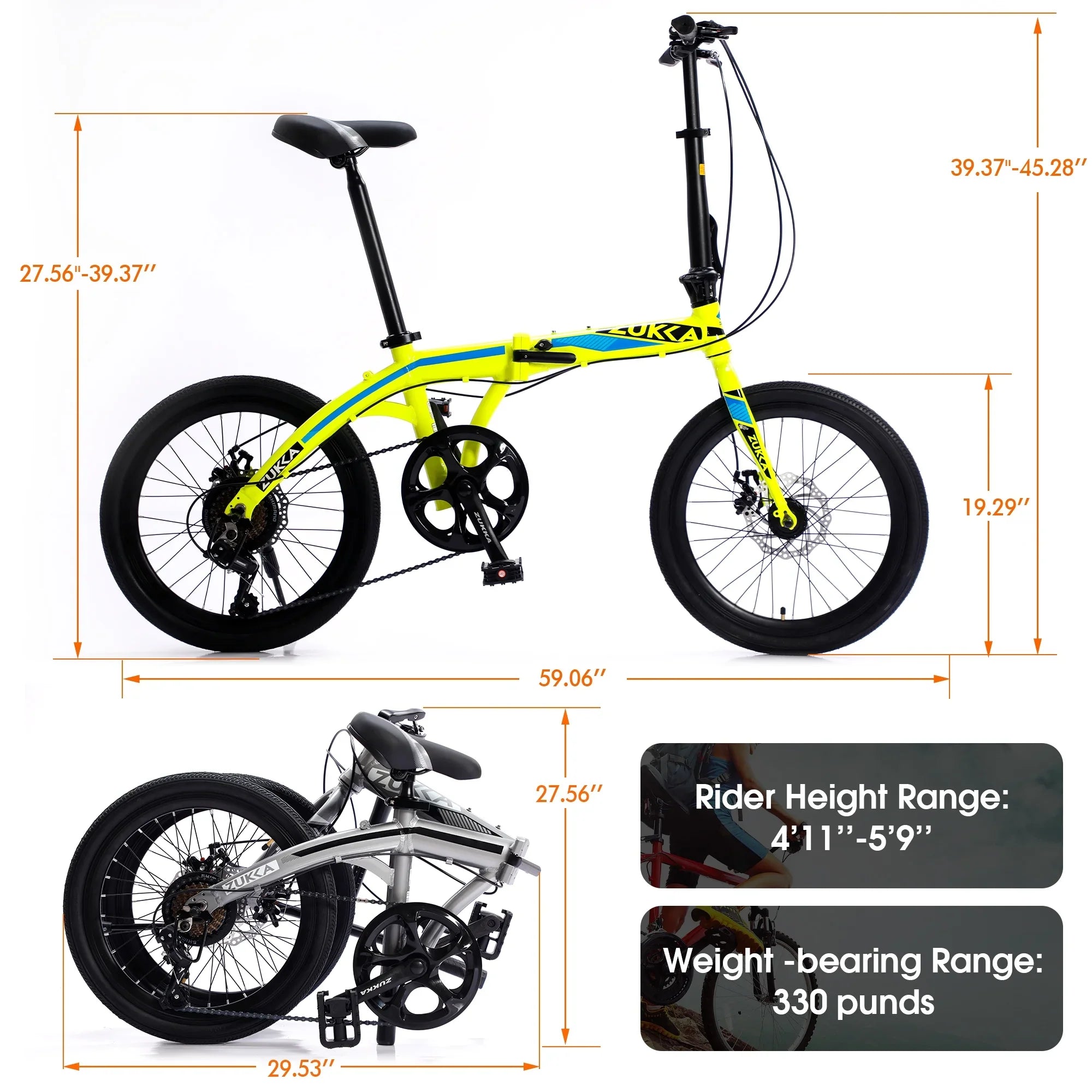 20" Folding Bike, 8 Speed City Bike, Aluminium Alloy Frame, Yellow