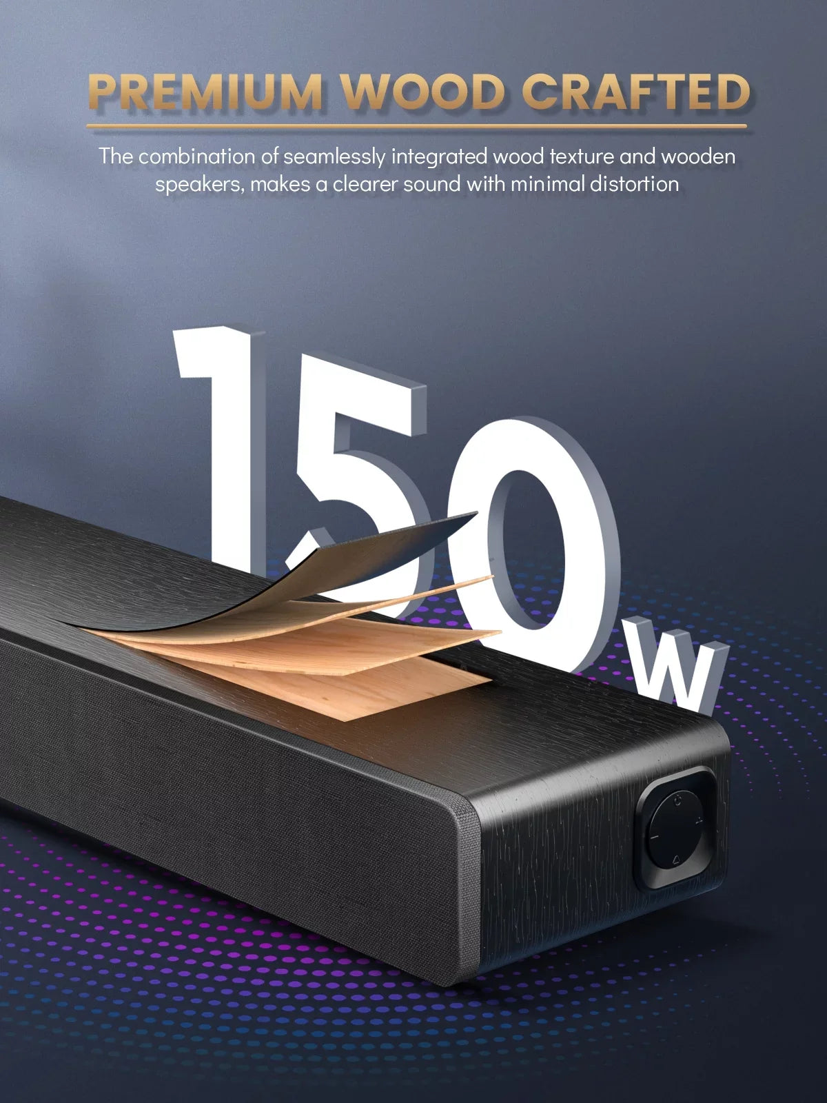 Sound Bar 28Inch Meredo Sound Bar for TV Built-in Subwoofer Wooden 150W Includes HDMI Cable Bass/Treble Adjustable 5 EQ Modes HDMI Arc/Optical/Aux/Bluetooth/USB