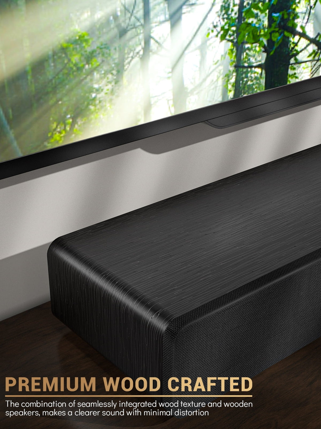 Sound Bar 28Inch Meredo Sound Bar for TV Built-in Subwoofer Wooden 150W Includes HDMI Cable Bass/Treble Adjustable 5 EQ Modes HDMI Arc/Optical/Aux/Bluetooth/USB
