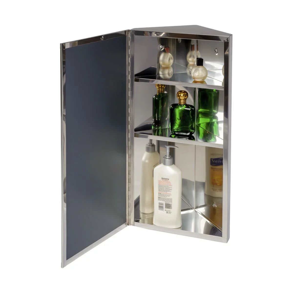 Corner Medicine Cabinet w/Mirror Bathroom Stainless Steel Wall Mount Cabinet Triple Shelf Opens to Left w/Screws Renovator's Supply