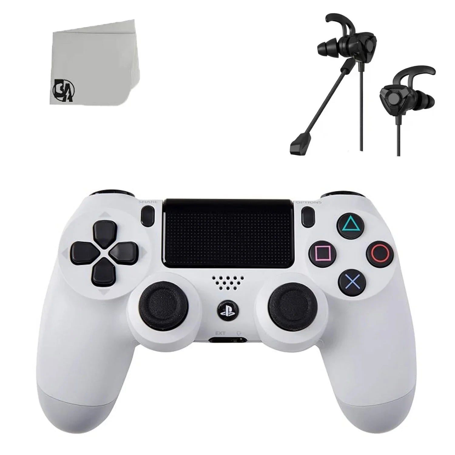 White DualShock PS4 Wireless Controller Bundle - Like New - With Earbuds BOLT AXTION Included